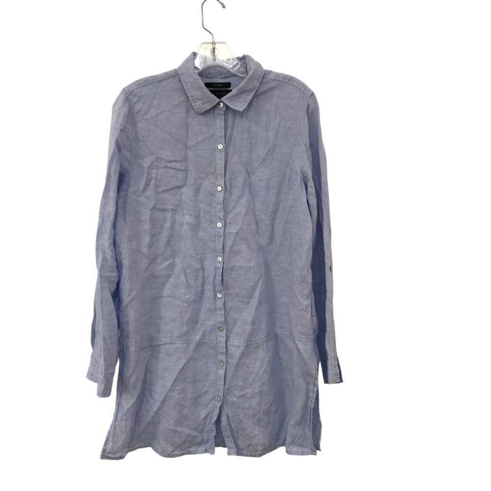 Tahari Size Small 100% Linen Blue Button Up Shirt Tunic Top Lagenlook Long Blou